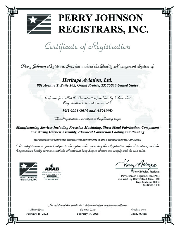 Heritage Aviation ISO 9001:2015 & AS9100D Certificate